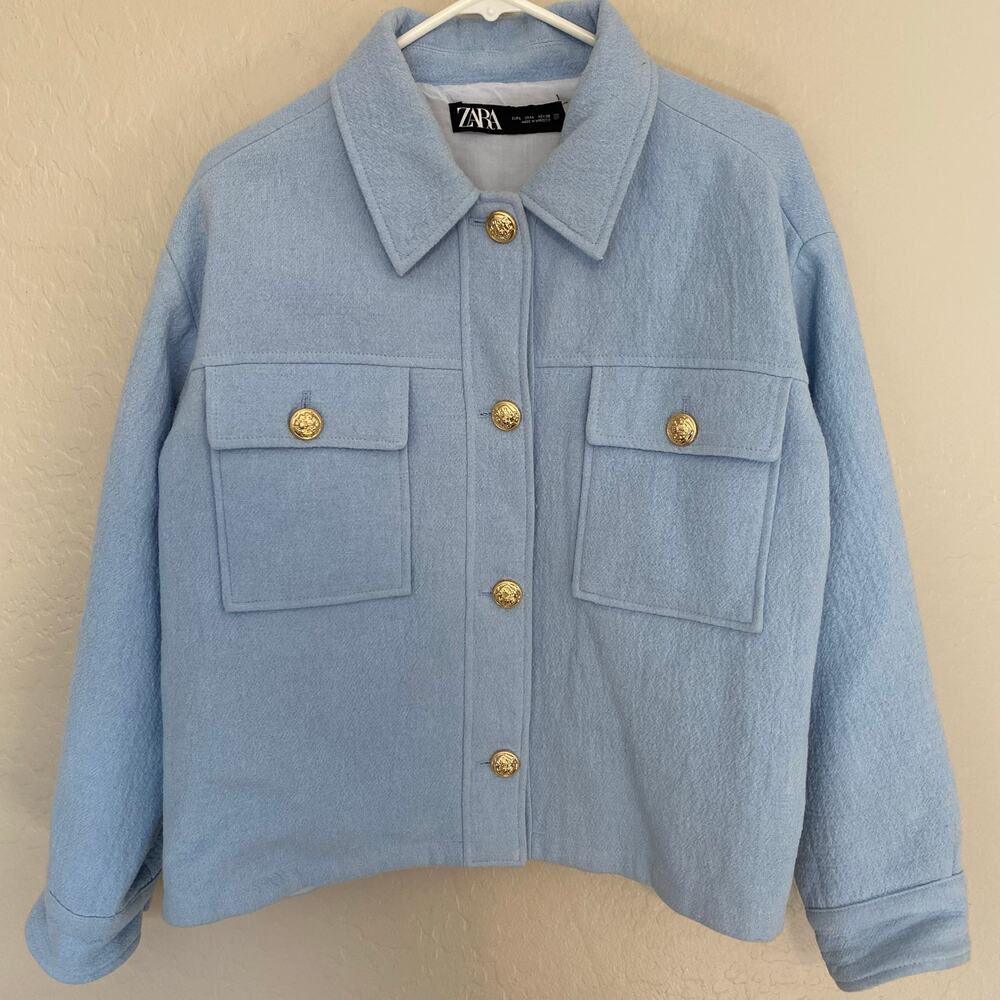 Zara Light Blue Wool-Blend Button Jacket with Gold Buttons